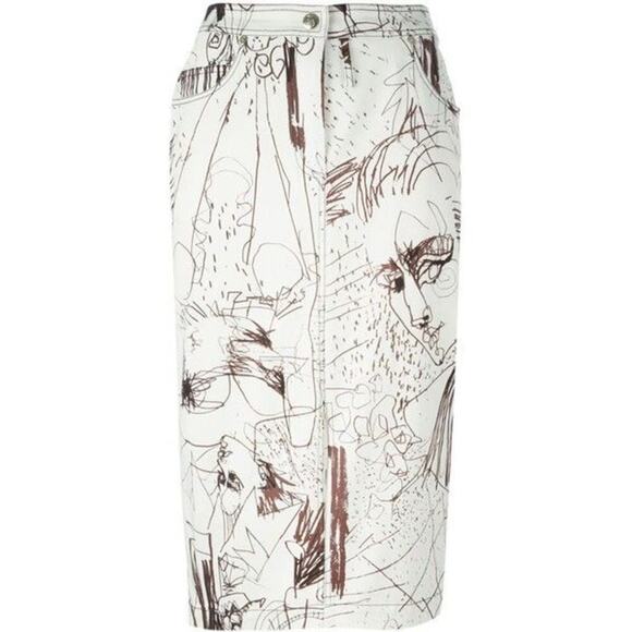 Vintage John Galliano Skirt Denim Pencil Sketches Printed Kendall Jenner Owned - Picture 13 of 13